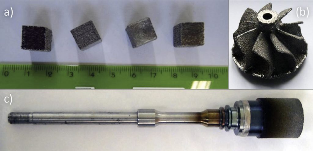 Fig. 9 (a) RNT650 EBM test samples, (b) EBM turbocharger wheel, (c) Joining trial [2]