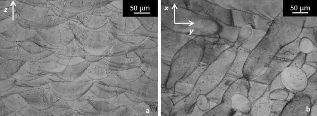 Fig. 10 Optical images of etched as-built samples: yz plane, showing the growth direction z (a) and cross-section xy plane (b) [3]