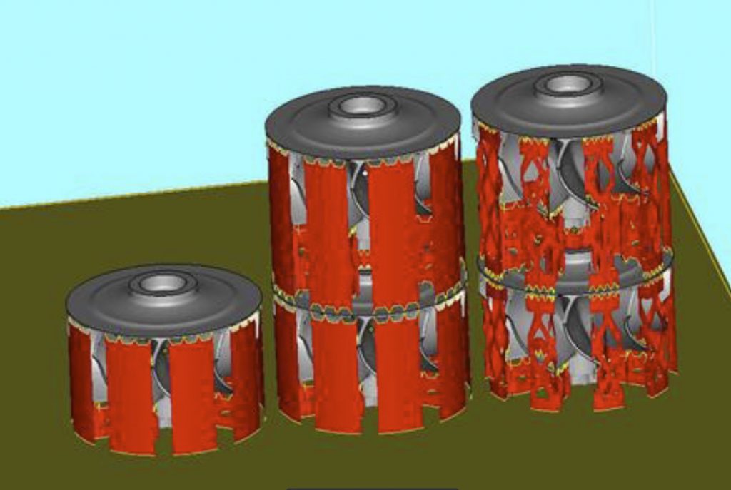 Fig. 11 Turbocharger prototypes: sample placement within build chamber with different support structures [2]