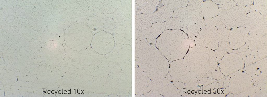 Fig. 17 Metallographic comparison of F75 at 10x and 30x recycled powder [3]