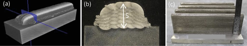 Fig. 10 Test geometry for selecting process parameters (a) and (b), final test geometry (c) [3]