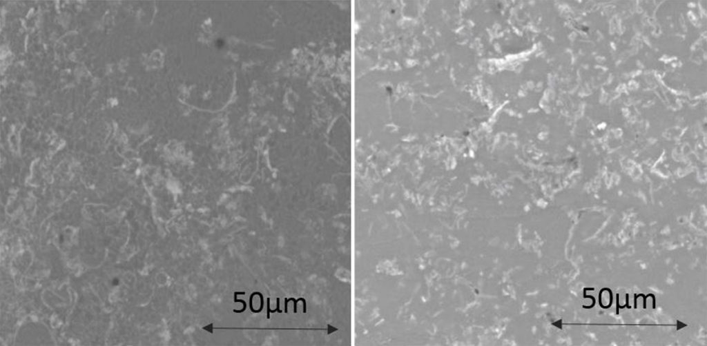 Fig. 14 As-deposited micrographs of the sample using a normal scan strategy (left), and using additional volume exposure (right) showing rare-earth enriched phases [3]