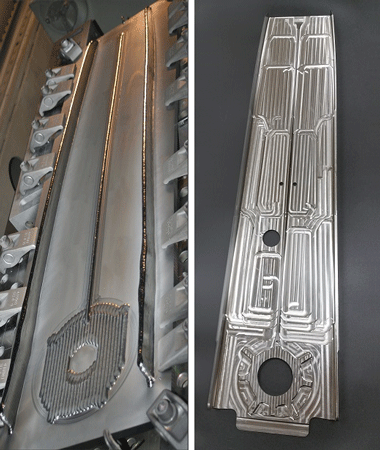 This photo highlights two different stages of an Airbus rear upper spar that was 3D printed in titanium with Sciaky’s EBAM process. The image on the left shows the part in an early preform stage. The image on the right shows the finished part.