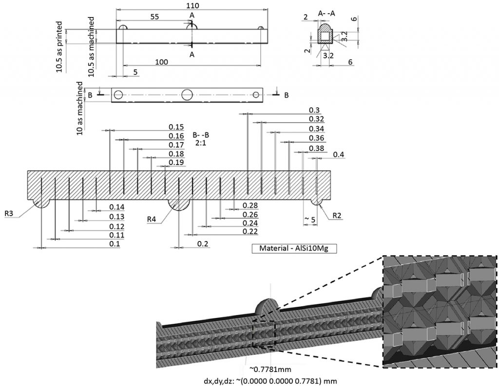 Fig. 2 Design of the test object, in AlSi10Mg, without internal lattice network (top) and cut view of the internally latticed part (bottom left) and close-up of the lattice with a slot cutting through it (bottom right). The network strut’s square cross section dimension was measured to be nominally 0.78 mm [1]