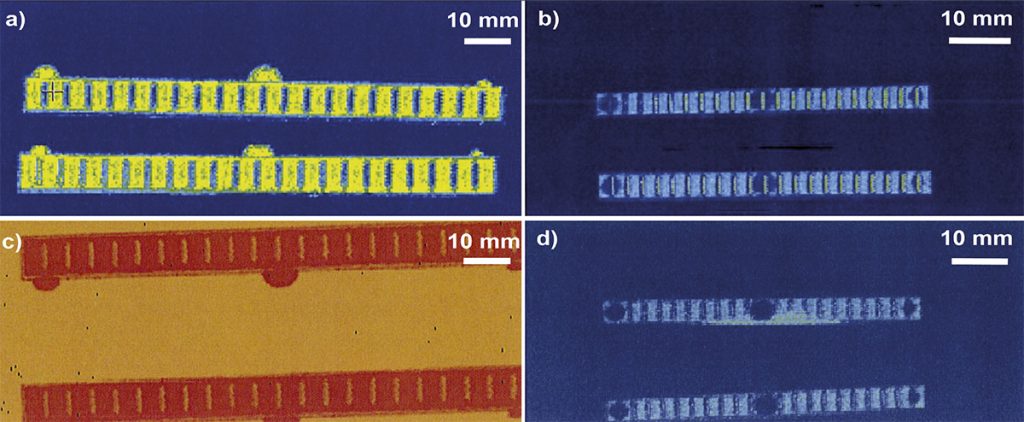 Fig. 4 Ultrasonic inspection of the machined surfaces (a,b) and rough surfaces (c,d) of the test pieces where (a,c), (b) and (d) are the side, bottom and top surfaces respectively. The upper test pieces shown in the images (a-d) were heat treated prior to the ultrasonic inspection [1]