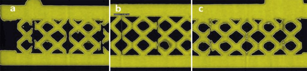 Fig. 5 Magnification of regions of interest in a sample with internal network. a) The end of the sample with large width (as designed 0.40–0.36 mm), b) The middle part of the sample, c) The end of the sample with small width of the slots (as designed 0.12–0.10 mm) [1]