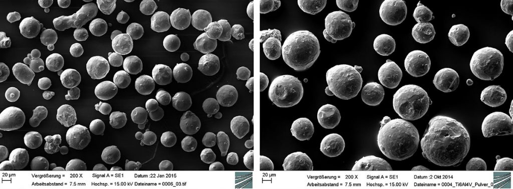 Fig. 12 Scanning electron micrographs of custom-specified Ti-6Al-4V powders for SLM (left) and EBM (right)