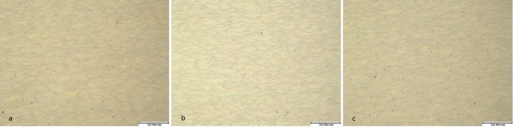 Fig. 10 Photomicrographs of segment 1 (a) part 2, 0.09% porosity, (b) part 5, 0.02% porosity, and (c) part 8, 0.07% porosity