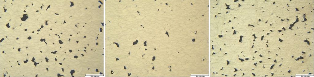 Fig. 12 Photomicrographs of Segment 11 (a) Part 2, 5.3% Porosity, (b) Part 5, 1.58% Porosity, and (c) Part 8, 4.77% Porosity.