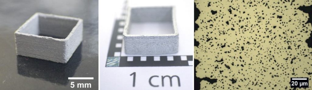 Fig. 17 Images of a printed box with a side length of 1 cm and a wall thickness of about 1.5 mm in green state (left), and thermally debound and sintered (middle, right). The cross section was taken perpendicular to the wall and feedstock F2 was used [3]