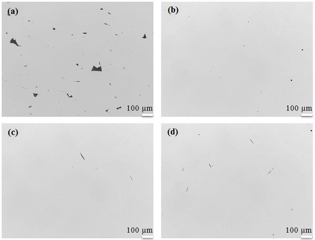 Fig. 3 Defects in samples built with (a) Parameter 1, (b) Parameter 2, (c) Parameter 3 and (d) Parameter 4 [1]