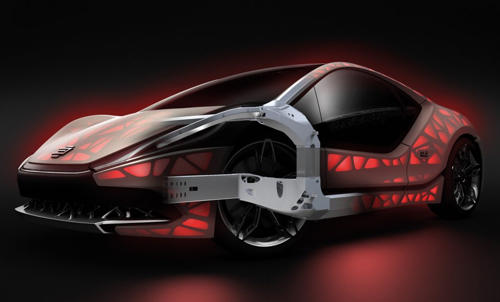 Fig. 2 The EDAG Light Cocoon concept car showing the use of additively manufactured nodes combined with steel profiles in the NextGen spaceframe