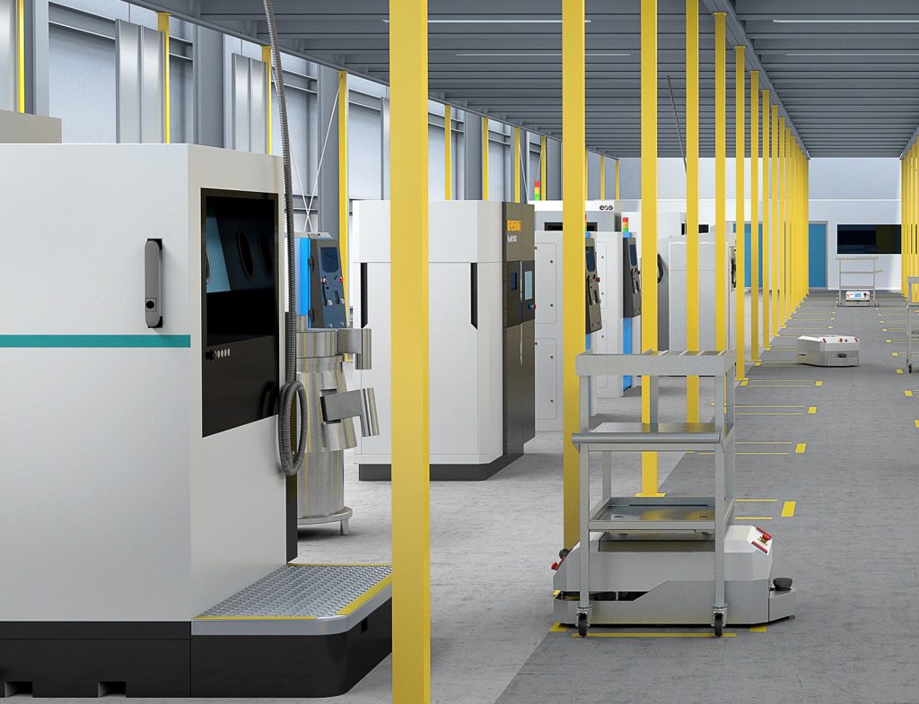 Fig. 7 A digital render of Materials Solutions’ facility in Worcester, UK that includes three Solukon depowdering systems (Courtesy Materials Solutions/Siemens) 