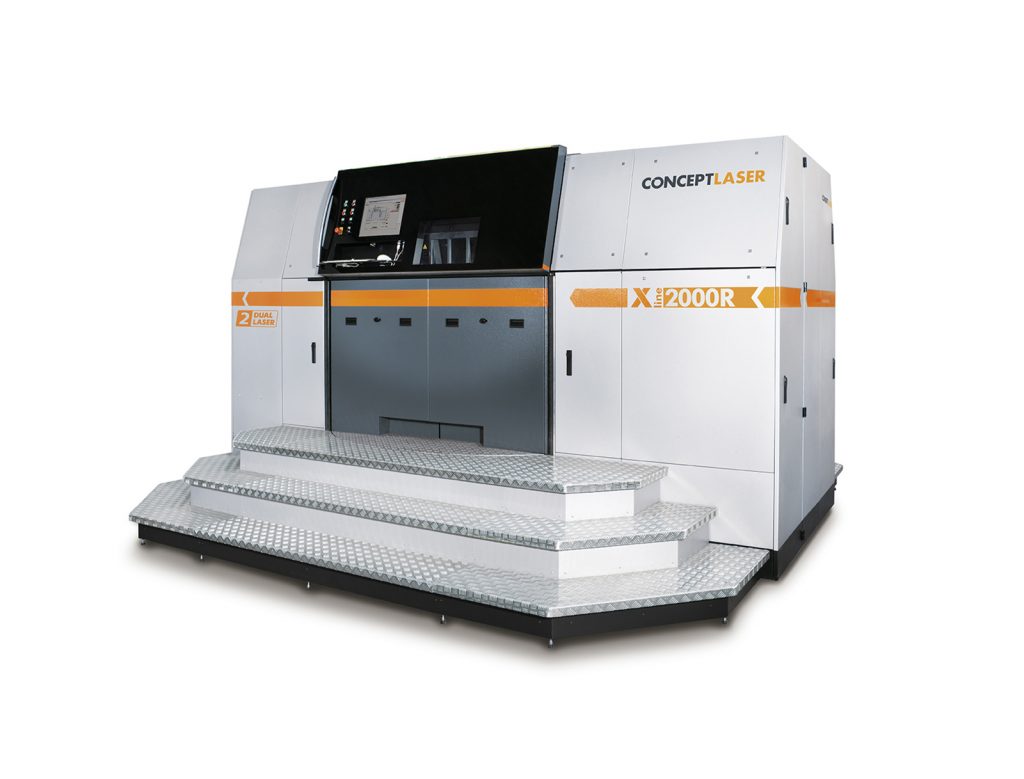 Fig. 4 The successor to the X line 1000R, the X line 2000R from Concept Laser has what is currently the largest build envelope of a laser powder bed AM machine worldwide, at  800 x 400 x 500 mm. It is equipped with multi-laser technology and the ‘R’ variant of this system denotes that the machine is tailored to suit reactive metals such as titanium