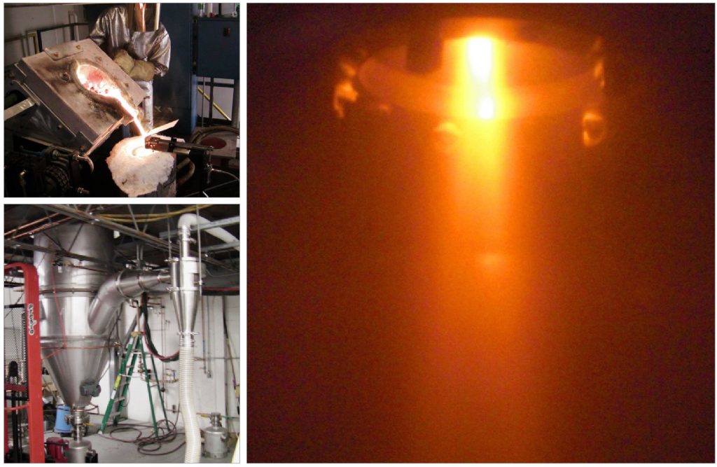 Fig. 2 In the Gas Atomisation process, molten metal is poured into a crucible above the atomisation chamber (top left). It then disintegrates under high pressure gas streams (right) before being extracted from the atomisation tower (lower left) (Courtesy Joe Strauss, HJE Company, Inc.) 