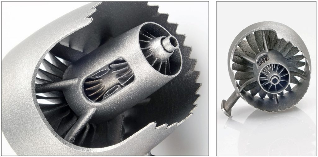 Fig. 4 This model engine production prototype was made in one step, including rotating shaft and 3D wing contours. The AM optimised design was manufactured via LaserCUSING® from stainless steel (1.4404).Minimal reworking thanks to the optimised design. (Courtesy RSC Engineering GmbH)