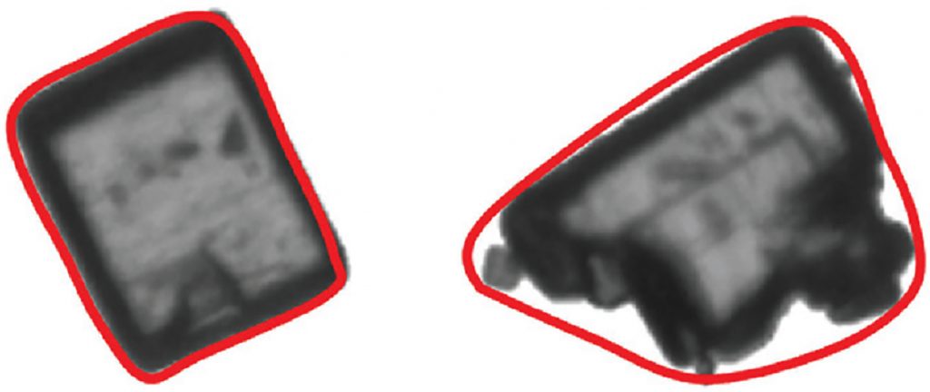 Fig. 4 Particles with a smooth, regular outline have high convexity while those that are rougher or more irregular are differentiated by lower convexity values 