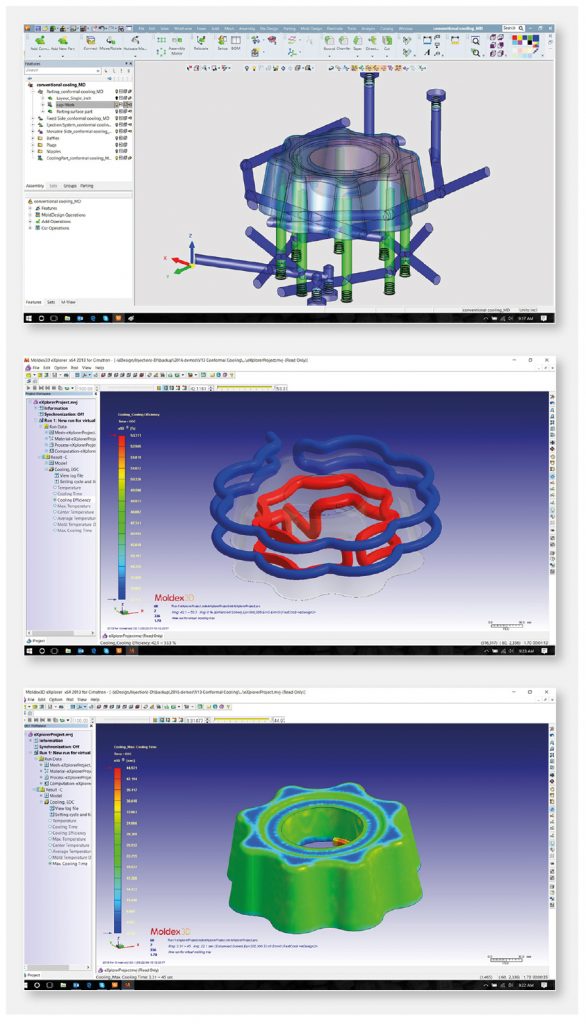 Fig. 6 Top: conventional water lines designed with water baffles; Middle: conformal cooling water lines for core and cavity designed with Cimatron; Bottom: cooling results as shown in a Moldex3D analysis