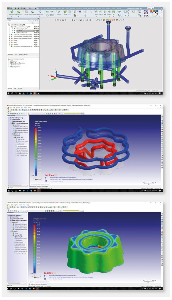 Fig. 6 Top: conventional water lines designed with water baffles; Middle:  conformal cooling water lines for core and cavity designed with Cimatron;  Bottom: cooling results as shown in a Moldex3D analysis