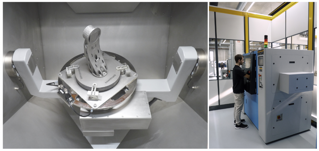 Fig. 6 Automated part cleaning at Toolcraft (left) and Solukon SFM-AT800-S system in operation at Toolcraft (right) (Courtesy of MBFZ toolcraft)