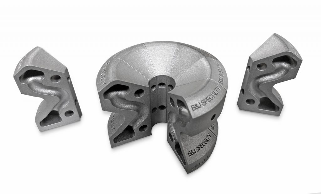 Fig. 1 Segments of a conformal cooling system manufactured by B&J Specialty on a 3D Systems ProX® DMP 300 Laser Powder Bed Fusion system 