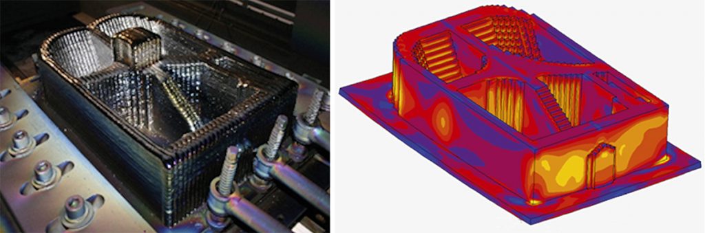 Fig. 3 A photo of a complex AM part (left) and a simulation showing the predicted residual stress (Courtesy of Vu Nguyen)
