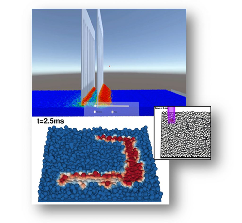 Fig. 4 CSIRO Data61 developed digital models of raking of the powder bed and laser melting of powders (Courtesy of Gary Delaney and Paul Cleary)