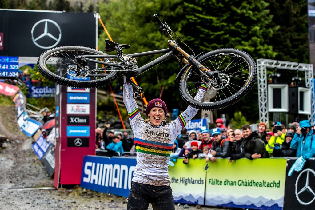 Fig. 2 Rachel Atherton winning in Round 2 of the UCI Mountain Bike World Cup (DH) in Fort William, Scotland. She has a record number of overall World Cup victories and multiple World Championship titles (Courtesy Sven Martin)