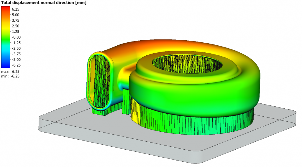 Fig. 1 Simufact Additive has been a class leading solution provider for metal Powder Bed Fusion (PBF) process simulation since its release in 2016. Here, predicted distortion of a turbo-pump housing built on a large format (400 mm) machine is shown