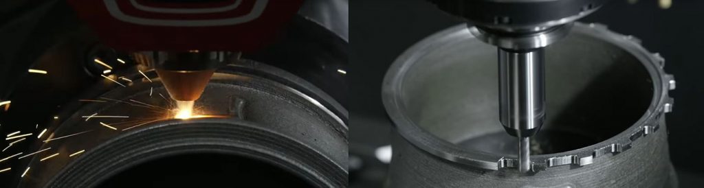 Fig. 1 Hybrid Additive Manufacturing showing material deposition (left) and milling (right) (Courtesy DMG Mori)