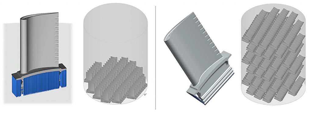 Fig. 2 A simulation of two builds showing when (left) supports are required and (right) how support free capability enables ‘stacking’ of parts. The productivity, specifically the output, of the machine on the right is much higher than the output of the machine on the left