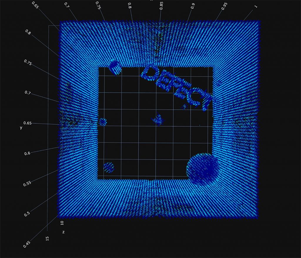 Fig. 3 3D visualisation of the lack of fusion defects, as captured by the melt pool monitor sensors and shown in 3D after MRL construction of the data 