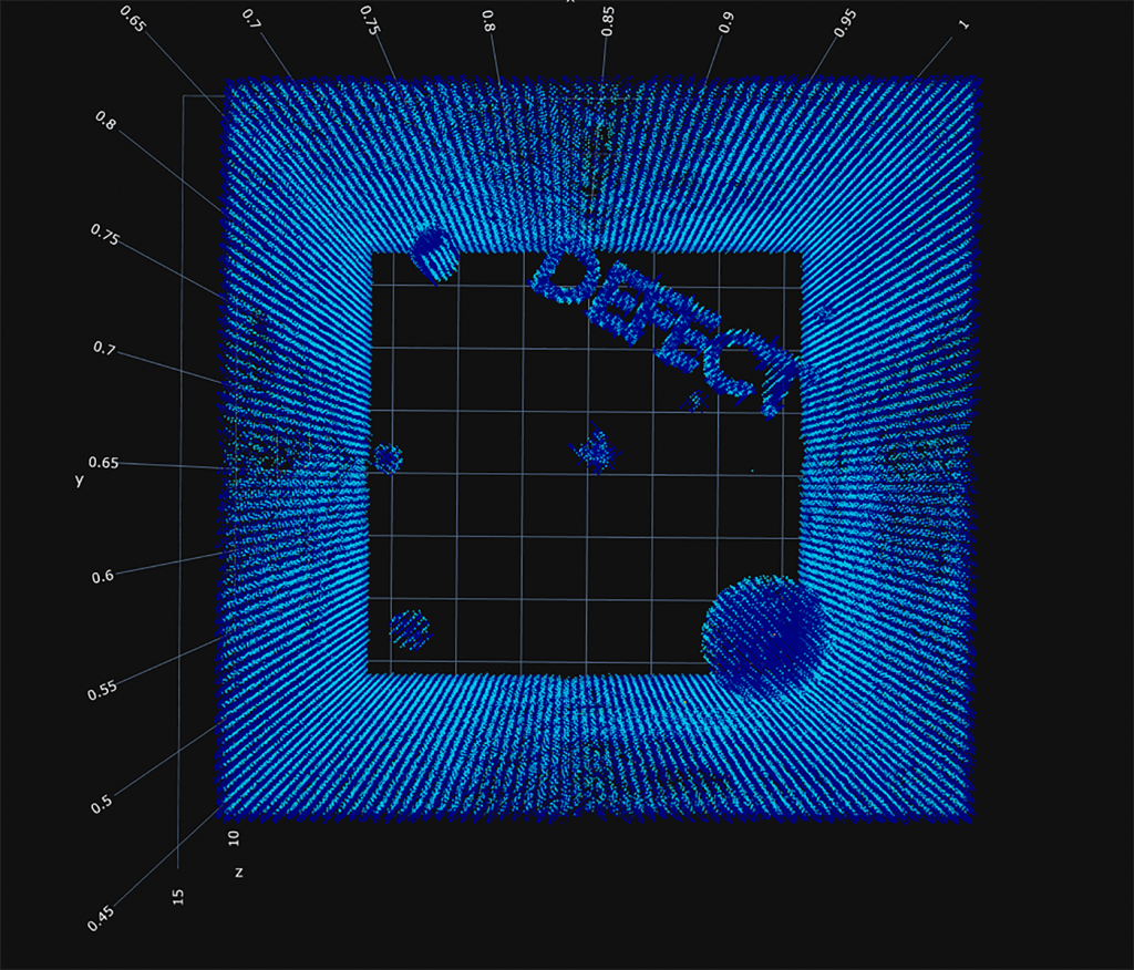 Fig. 3 3D visualisation of the lack of fusion defects, as captured by the melt pool monitor sensors and shown in 3D after MRL construction of the data