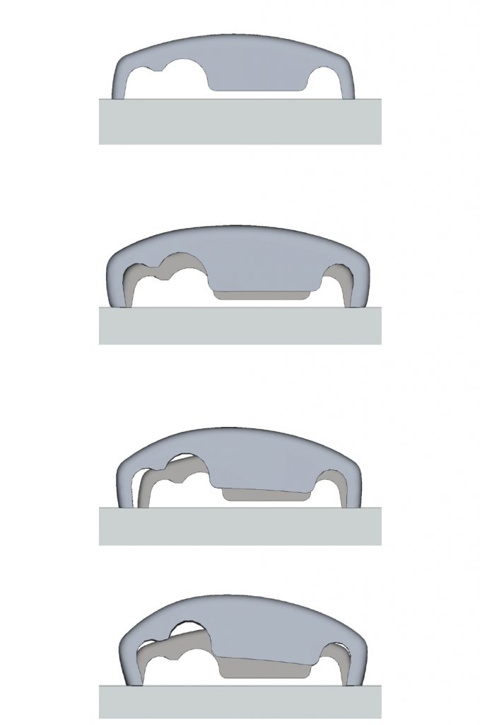 Fig. 3 Top to bottom: nominal geometry, first, fourth, sixth (final) compensation