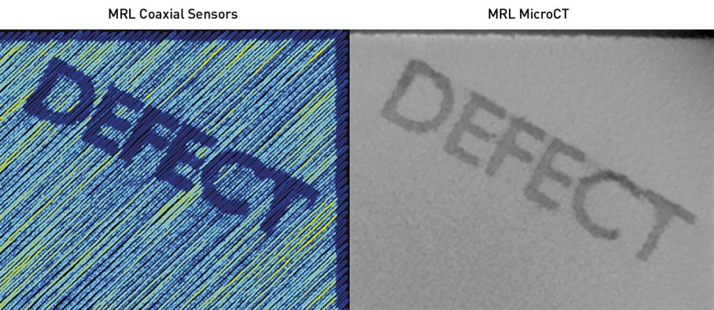Fig. 4 Co-axial meltpool monitoring sensors stream the temperature of the melt pool. In the visualisation, blue indicates cold melt pools. An artefact of the word DEFECT is clearly visible in the sensor data (left) and is confirmed by the micro Computed Tomography data (right)