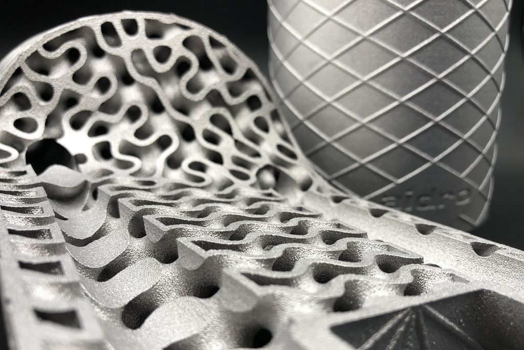 Fig. 6 Detail of an oil-water heat exchanger designed with complex internal gyroid features and additively manufactured in AlSi10Mg aluminium alloy (Courtesy Aidro)