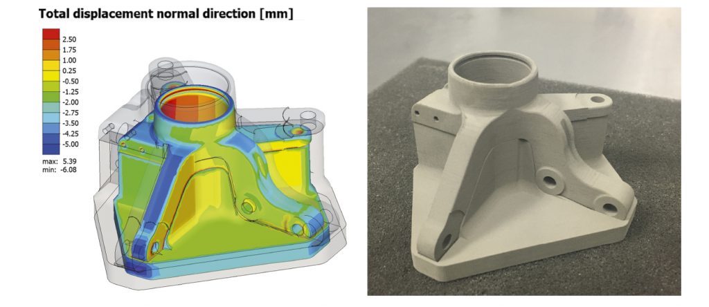 Fig. 6 Simulated deformation and actual sintered nominal steering knuckle geometry with live setter