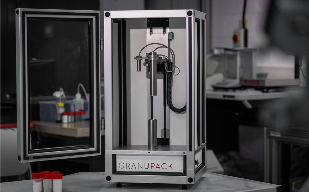 Fig. 7 The GranuPack is fully automated to measure the apparent, tapped density, the so-called Hausner ratio, Carr index and the complete packing curves at high resolution. It comes in two models: the Classic (for measurements at room temperature) and the High-Temperature (for measurements between room temperature and 200°C) 