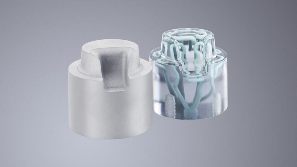 Fig. 1 Applications such as this inlet manifold from Laupp GmbH for the tool and die industry, with a rendering of internal cooling channels shown on the right, benefit from the ability to produce H11/H13 parts by PBF-LB