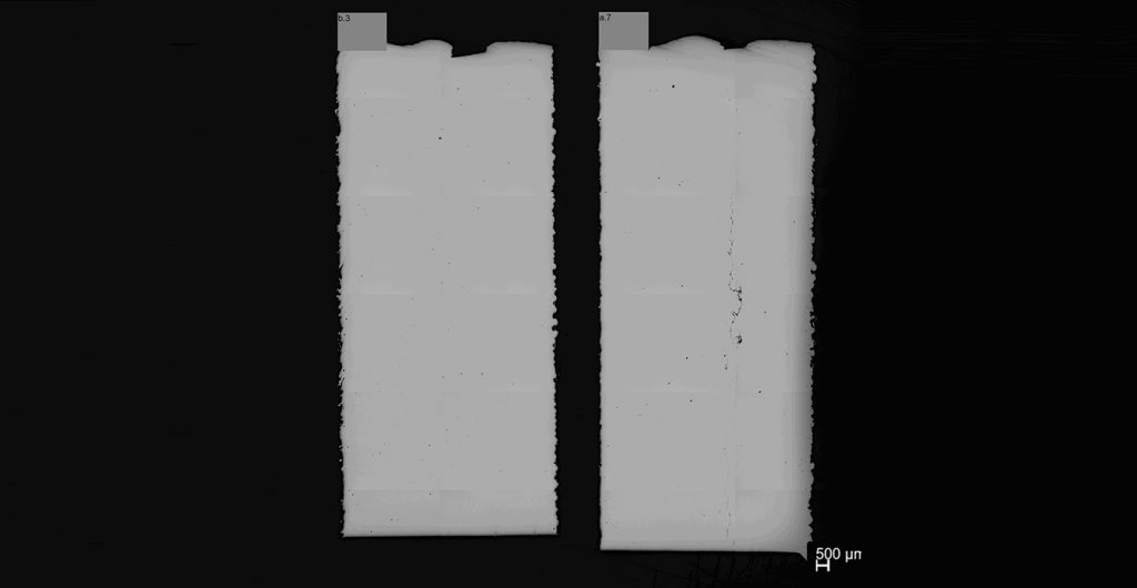 Fig. 5 Right: Cracking in H11 after 200°C preheating and PBF. Left: Crack-free H11 after preheating at 500°C and PBF-LB. In a downstream step, any remaining small defects can be corrected by annealing
