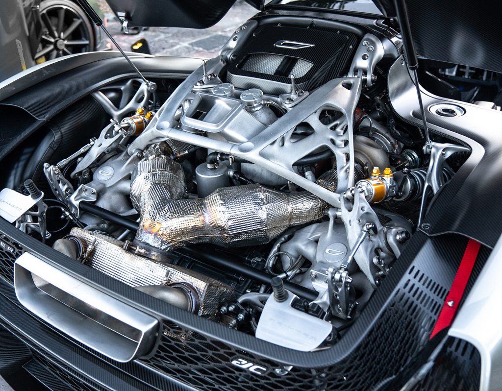 Fig. 2 View inside the engine bay of the Czinger 21C, clearly showing how the potential of metal 3D printing has been heavily leveraged throughout the car, from the vehicle's chassis to brake, suspension and exhaust components (Courtesy Czinger Vehicles)