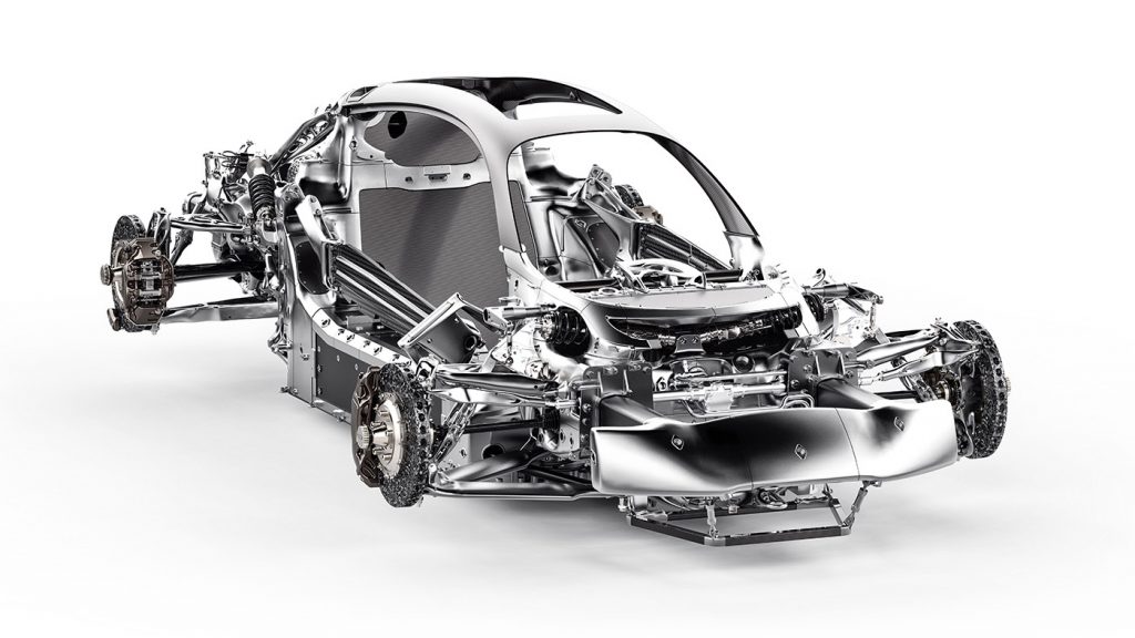 Fig. 10 Render showing the front safety structures, suspension and braking systems, all of which leverage AI to optimise component designs for performance whilst taking advantage of the opportunities presented by metal 3D printing (Courtesy Czinger Vehicles)