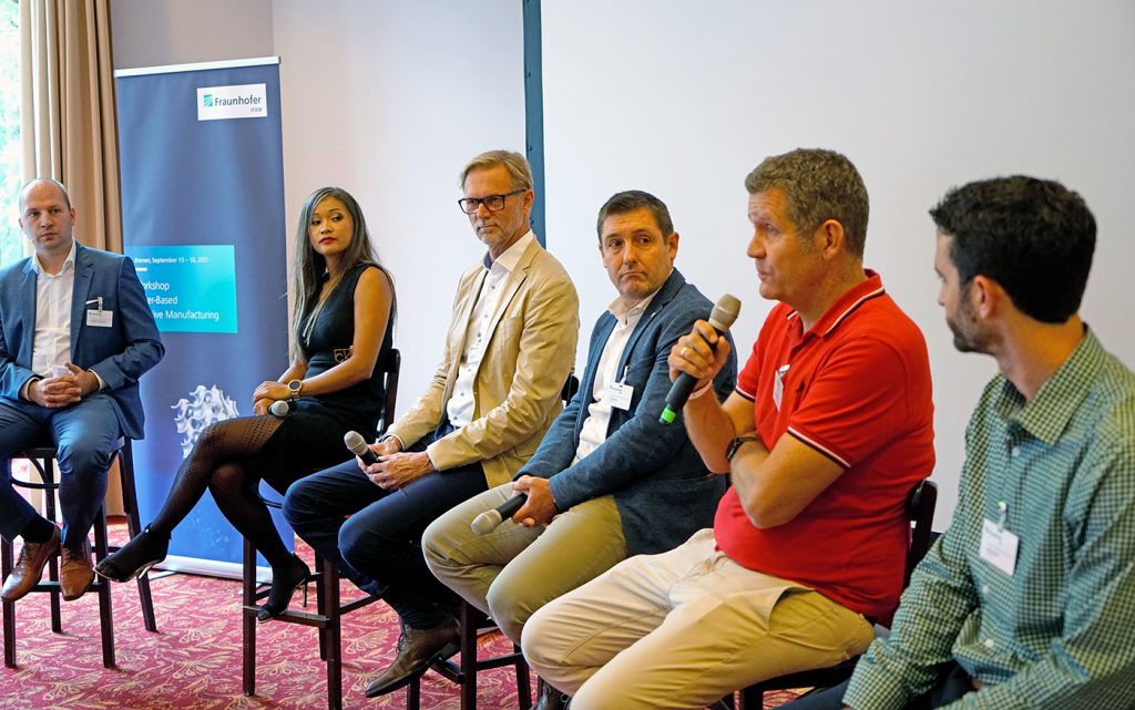 A workshop panel discussion featuring Matthias Schmidt-Lehr (AMPower), Mariel Diaz (Triditive), Ralf Carlström (Höganäs AB), Iñigo Agote (Tecnalia), Mikael Schuisky (Sandvik Additive Manufacturing) and Andrew Klein (The ExOne Company)