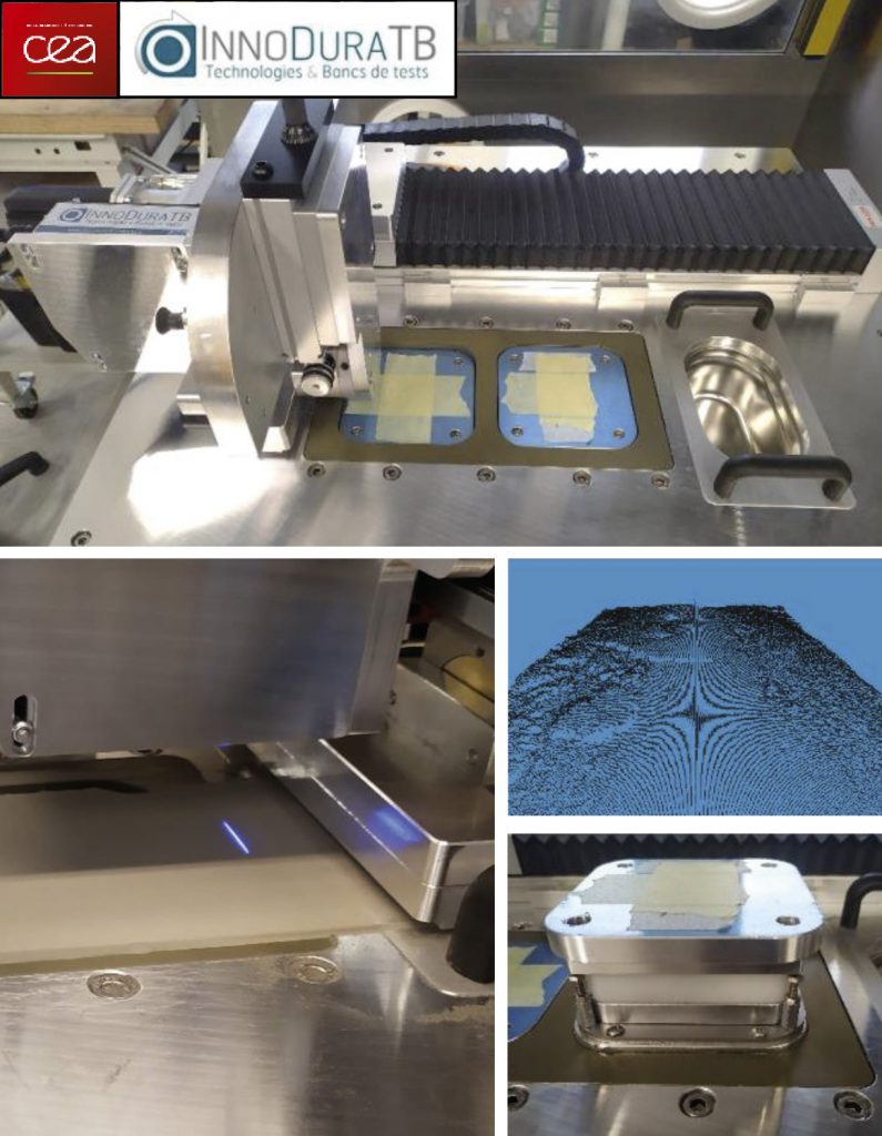 The Laser Beam Powder Bed Fusion test bench developed by CEA/Innodura TB, along with details of the laser profilometer and the mass sensor. An example of powder bed surface scanned by the profilometer is also shown