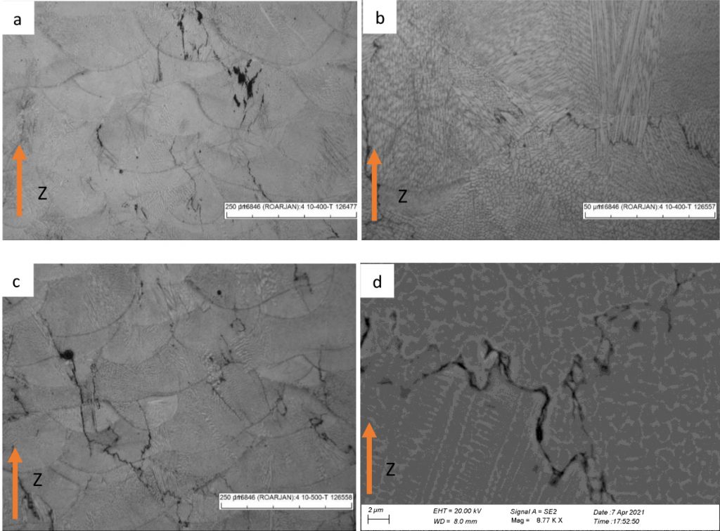 (a) and (b) LOM micrographs of the as-built specimens with baseplate heated to 400°C, (c) LOM and (d) SEM micrograph of the as-built specimens with baseplate heated to 500°C 