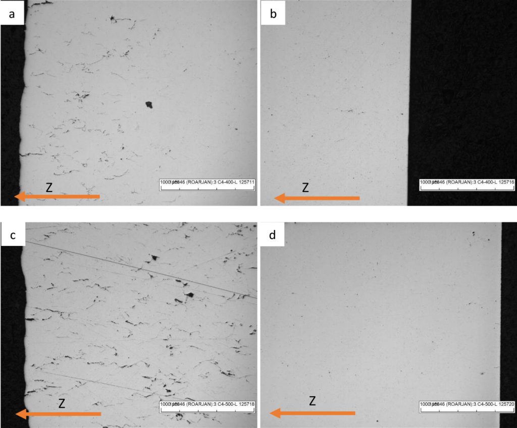 LOM micrographs of the top and bulk area of the as-built 1.3397 with baseplate heated to (a) and (b) 400°C, (c) and (d) 500°C