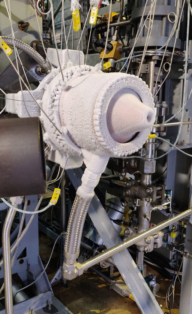 The metal 3D printed DemoP1 aerospike rocket engine after initial cold-flow checks at the P8.2 high-pressure facility in Lampoldshausen