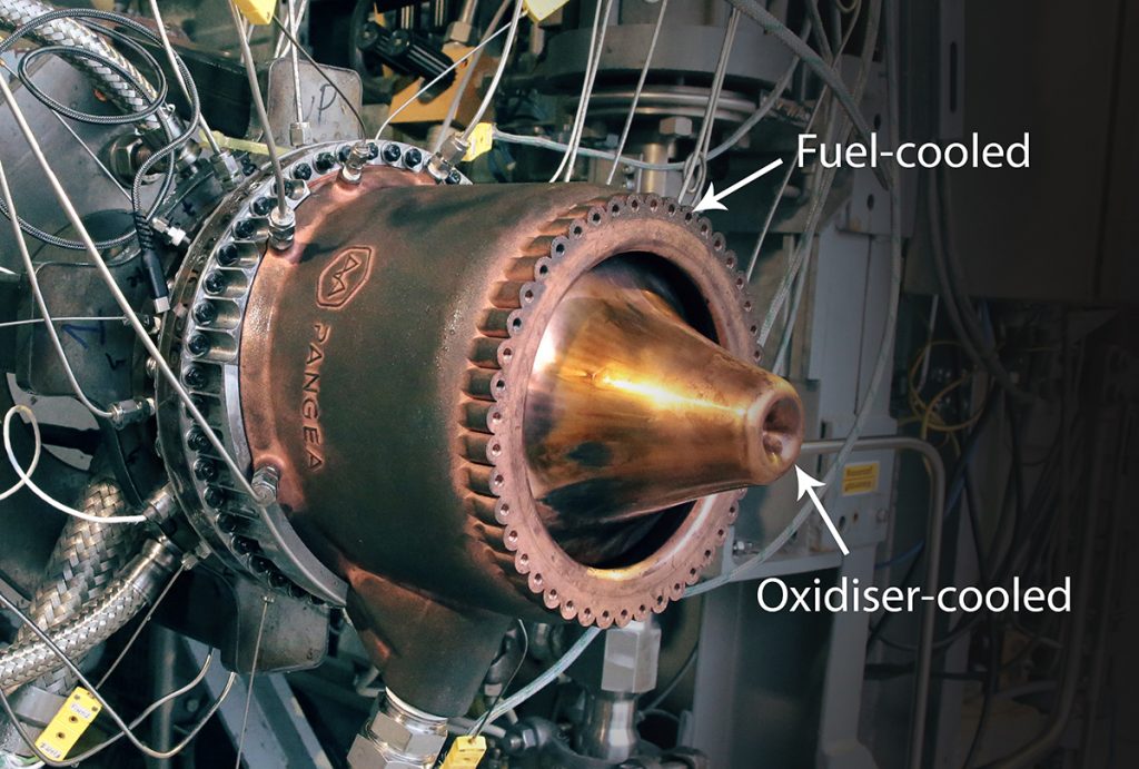 Pangea Aerospace’s engine in the test bench at DLR's Lampoldshausen facility after the first firing of a series of nine firings. DemoP1's regenerative cooling uses both the fuel and the oxidiser