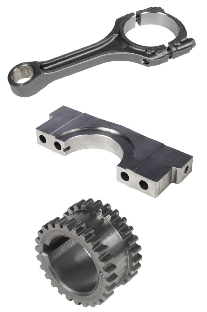 Höganäs is a leading supplier of iron powders to the global Powder Metallurgy industry. Its powders are used to produce high-performance powertrain components such as these fracture-split connecting rods, main bearing caps and camshaft/crankshaft sprockets (Courtesy Höganäs AB)