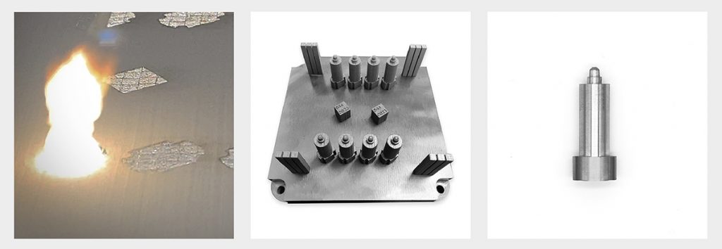 Fig. 9 Left; Area Printing in progress to form one of the steel core pins for an injection mould tool that will be used to manufacture brackets for aerospace and defence customer United Aircraft Technologies. Centre; Eight core pins (four in the front, four in the back) with tensile bars and test cubes also on the build plate. Right; the finished metal 3D printed part, a single core pin, built in 316L stainless steel 